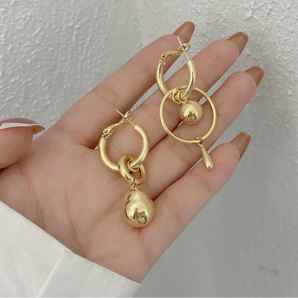 Gold Plated Mismatched Metal Ball Dangle Drop Earrings - Picture 2 of 10